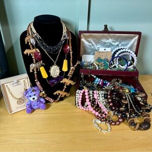 Vintage & Modern Costume Estate Jewelry Box 65+ Piece Lot Wearable As Found